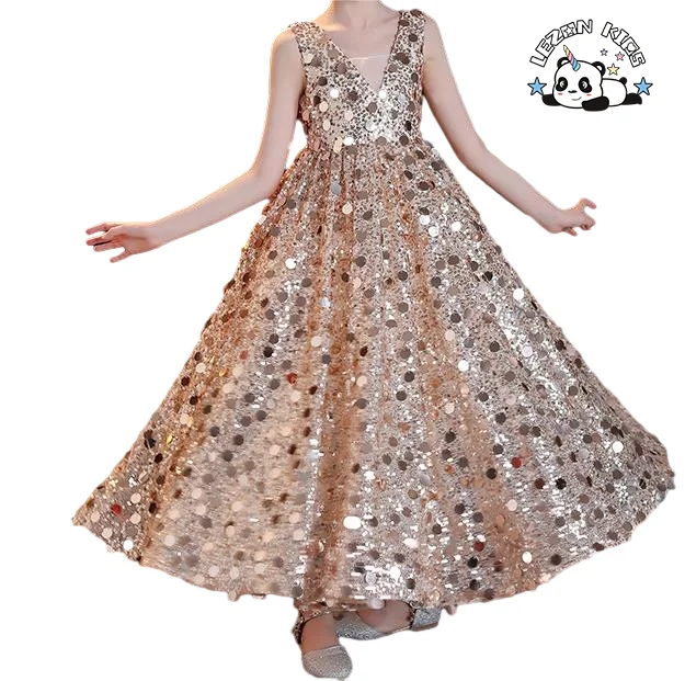 LEZONKIDS - 2024 Most Popular Sleeveless V Neck Fashion Sequined Long Party Dress Performance Girls Dress